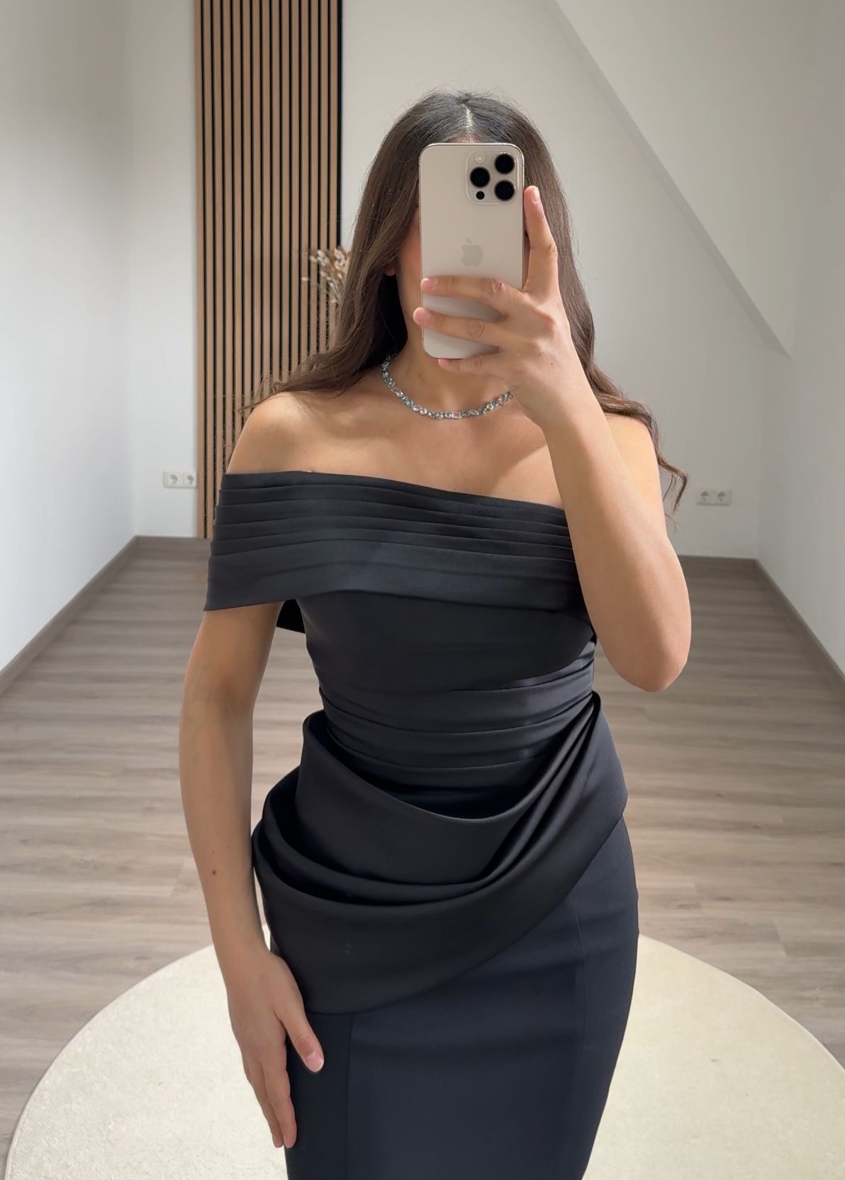 Off-Shoulder Pearls Satin Evening Dress