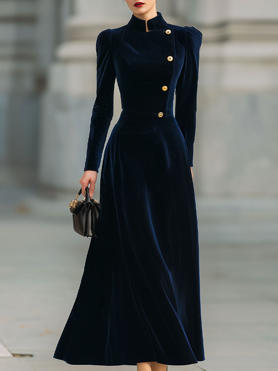 Elegant Navy Velvet Long Sleeve Dress