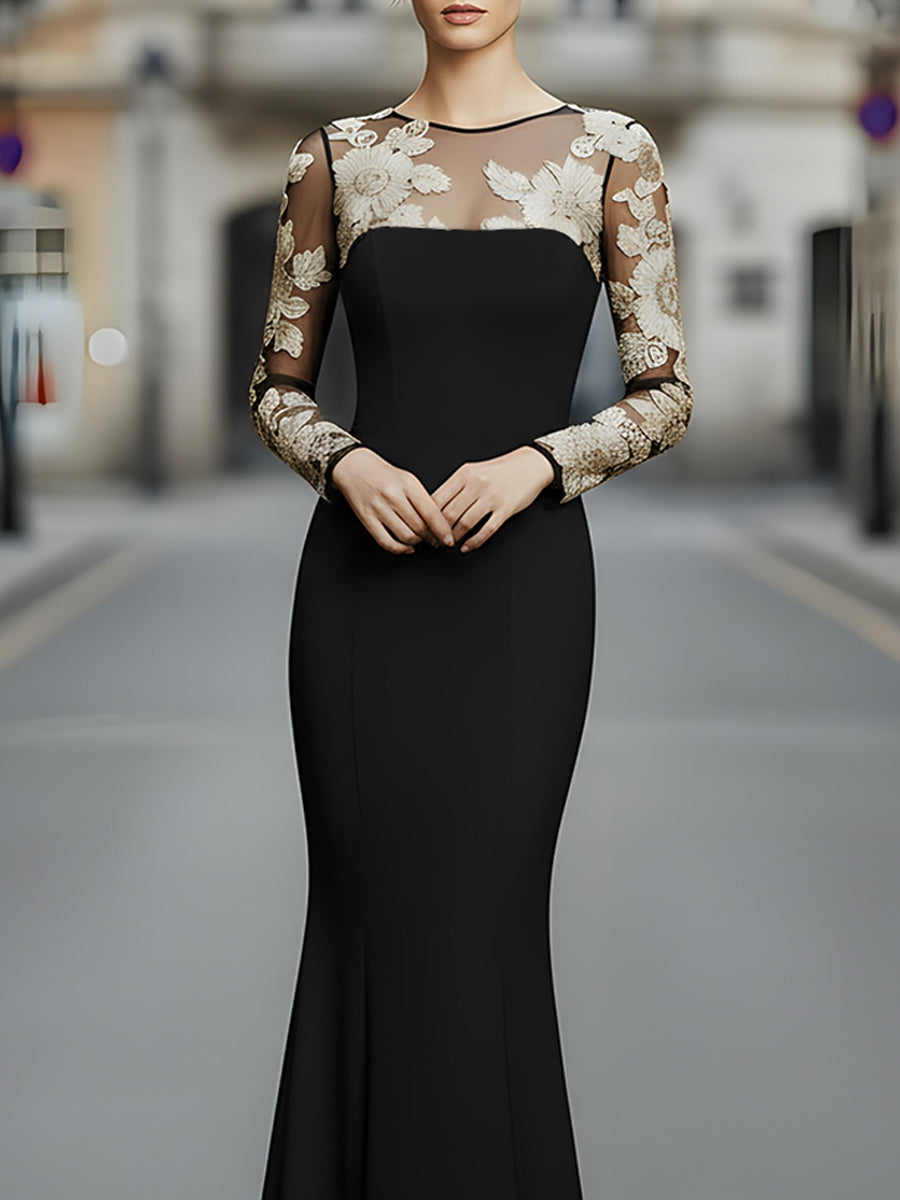 Black Embroidered Mesh Panel Evening Gown