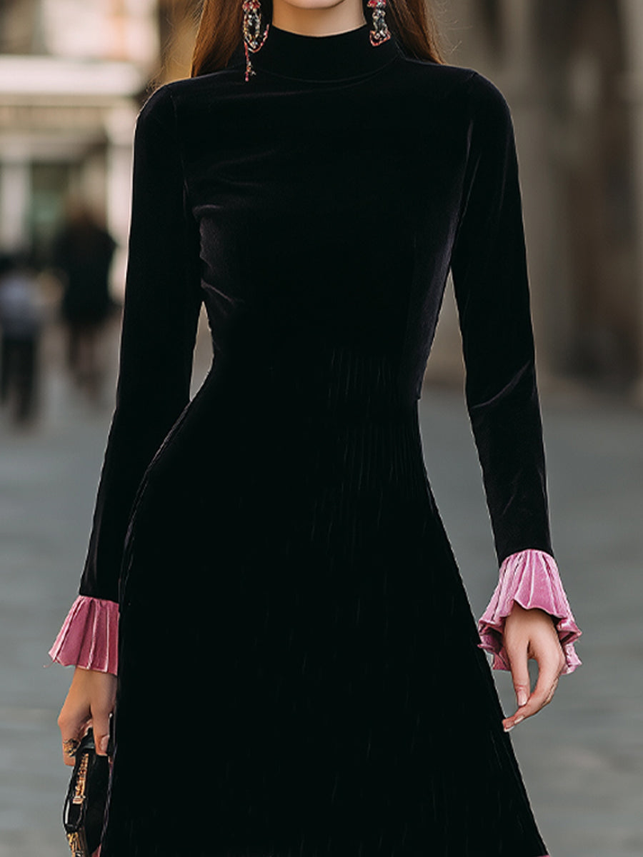 Elegant Black And Pink Velvet Pleated Midi Dress