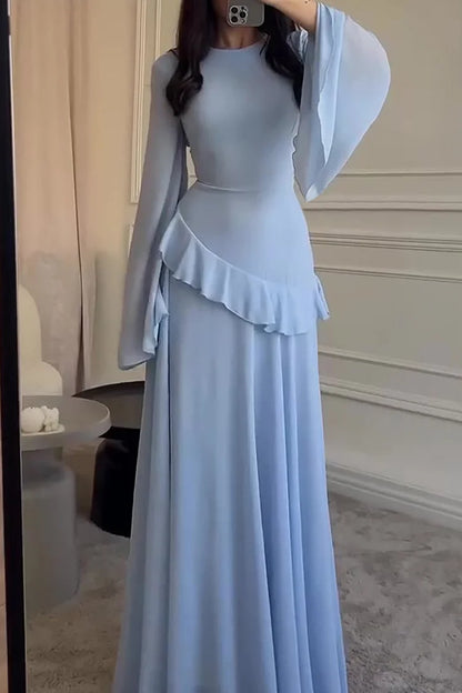 Round Neck Flare Sleeve Ruffled Solid Color Maxi Dresses