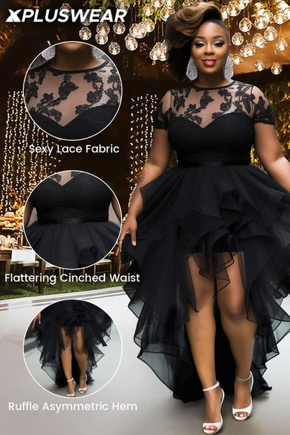 Cocktail Party Black Round Neck Short Sleeve High Low Hem Ruffle Tulle Mini Dress