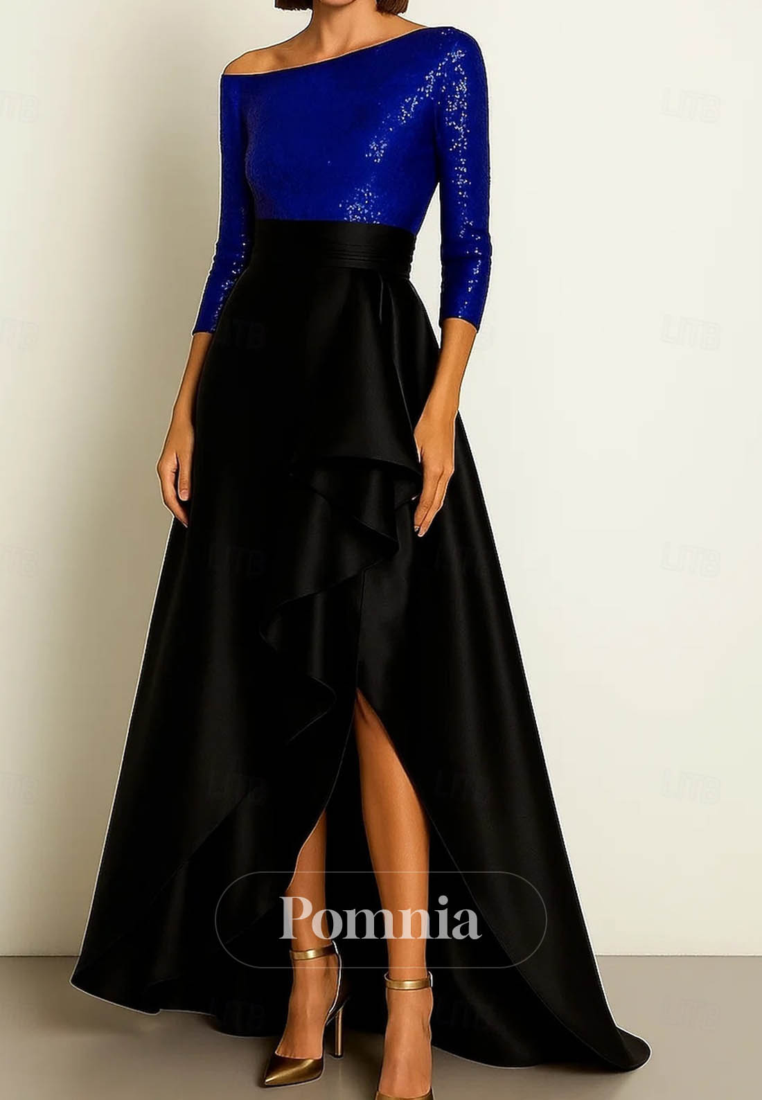 Elegant Silky Sleeve One Shoulder Formal Pocket Satin Sequined