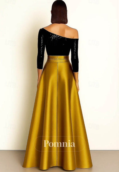 Elegant Silky Sleeve One Shoulder Formal Pocket Satin Sequined