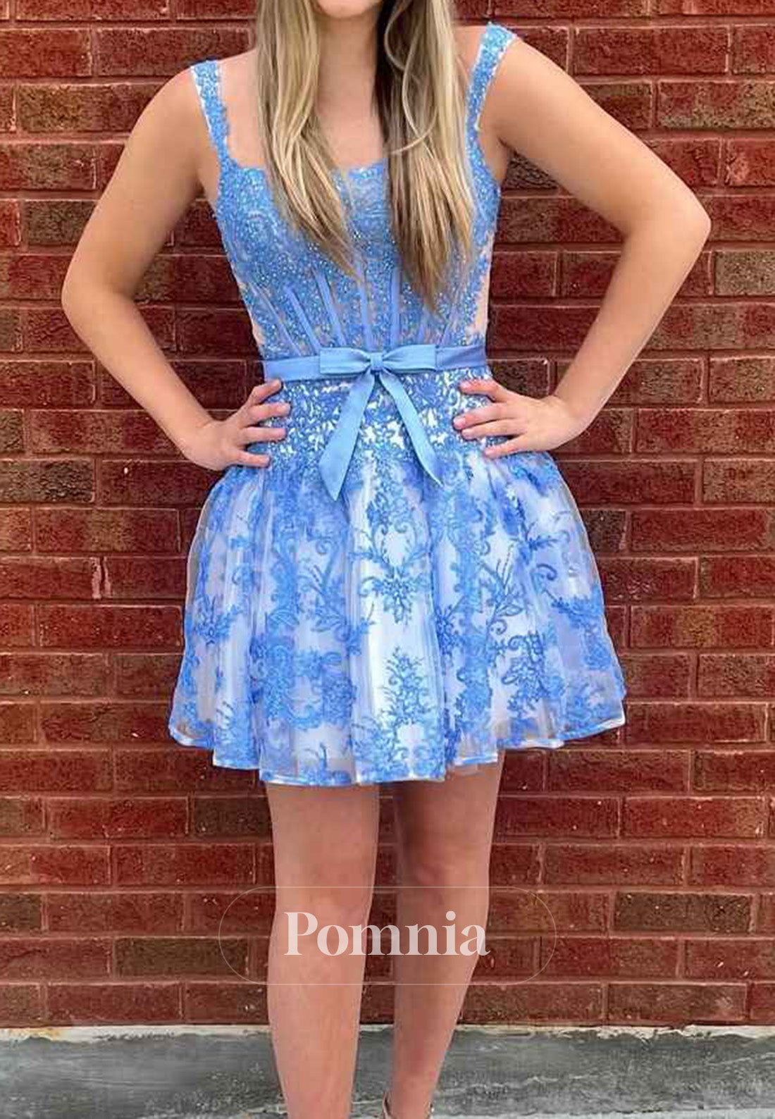 A-Line Blue Straps Lace Appliques Empire-Waist Short Homecoming Dress