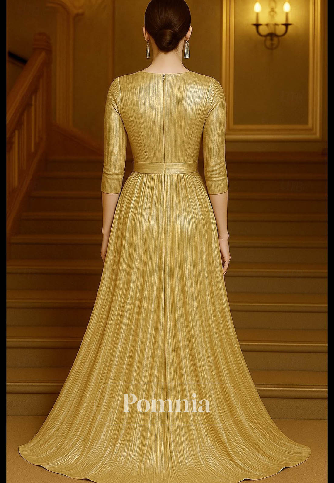 Crew Neck Formal Wedding Lurex Fabric with Glitter Pleats