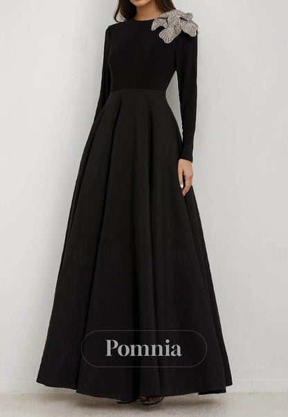 Long Sleeve Crew Neck Formal Wedding Velvet Stretch Crepe with Beading