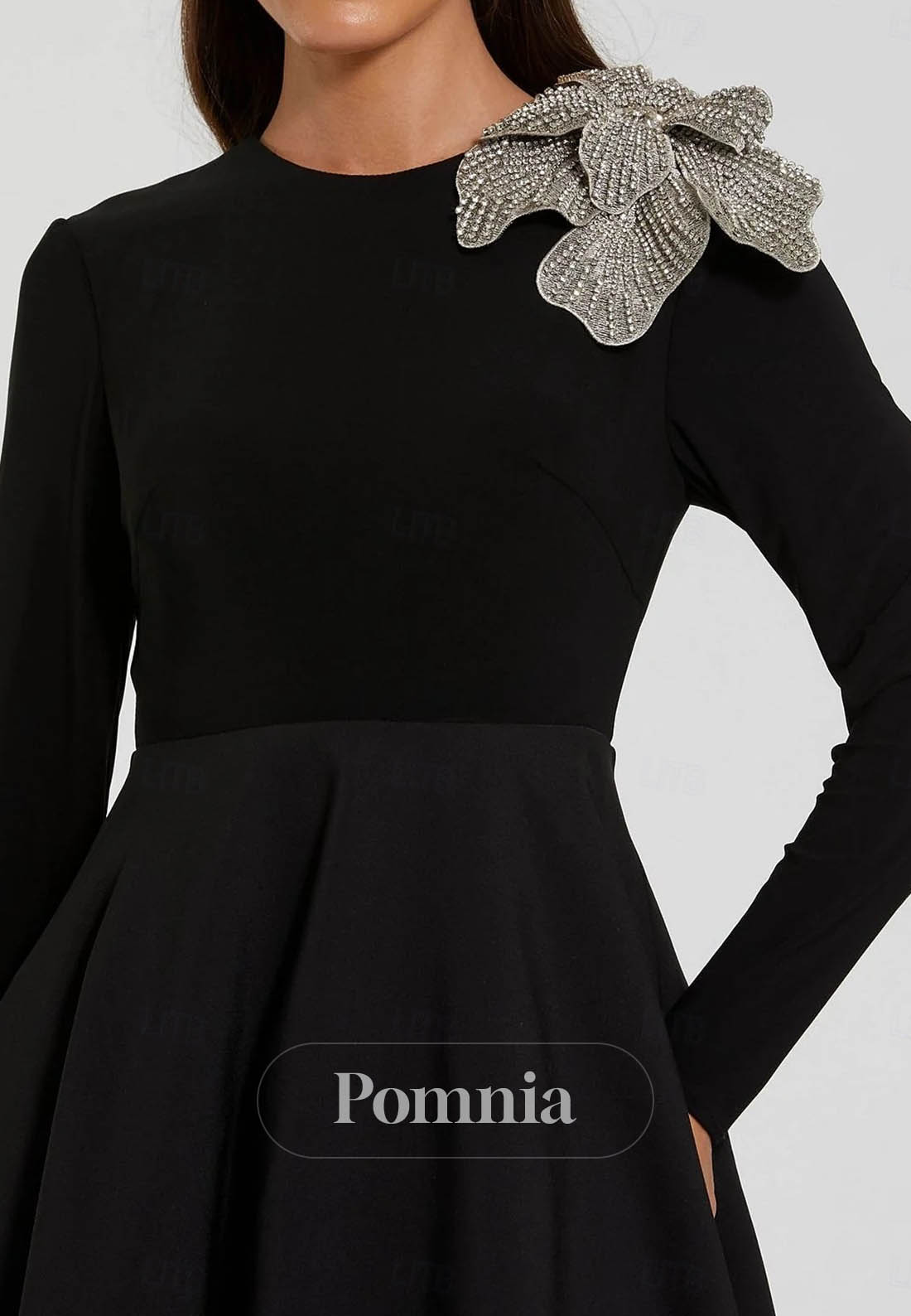 Long Sleeve Crew Neck Formal Wedding Velvet Stretch Crepe with Beading