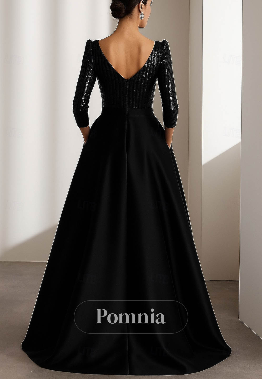 Glittering High Low Long Sleeve V Neck Formal Dress