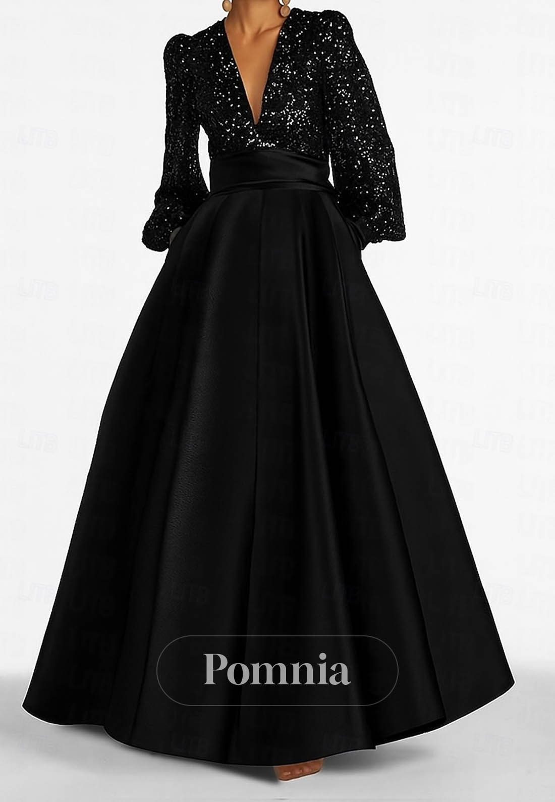 A-Line Floor Length Evening Gown Satin Sequined with Glitter Pleats Pocket