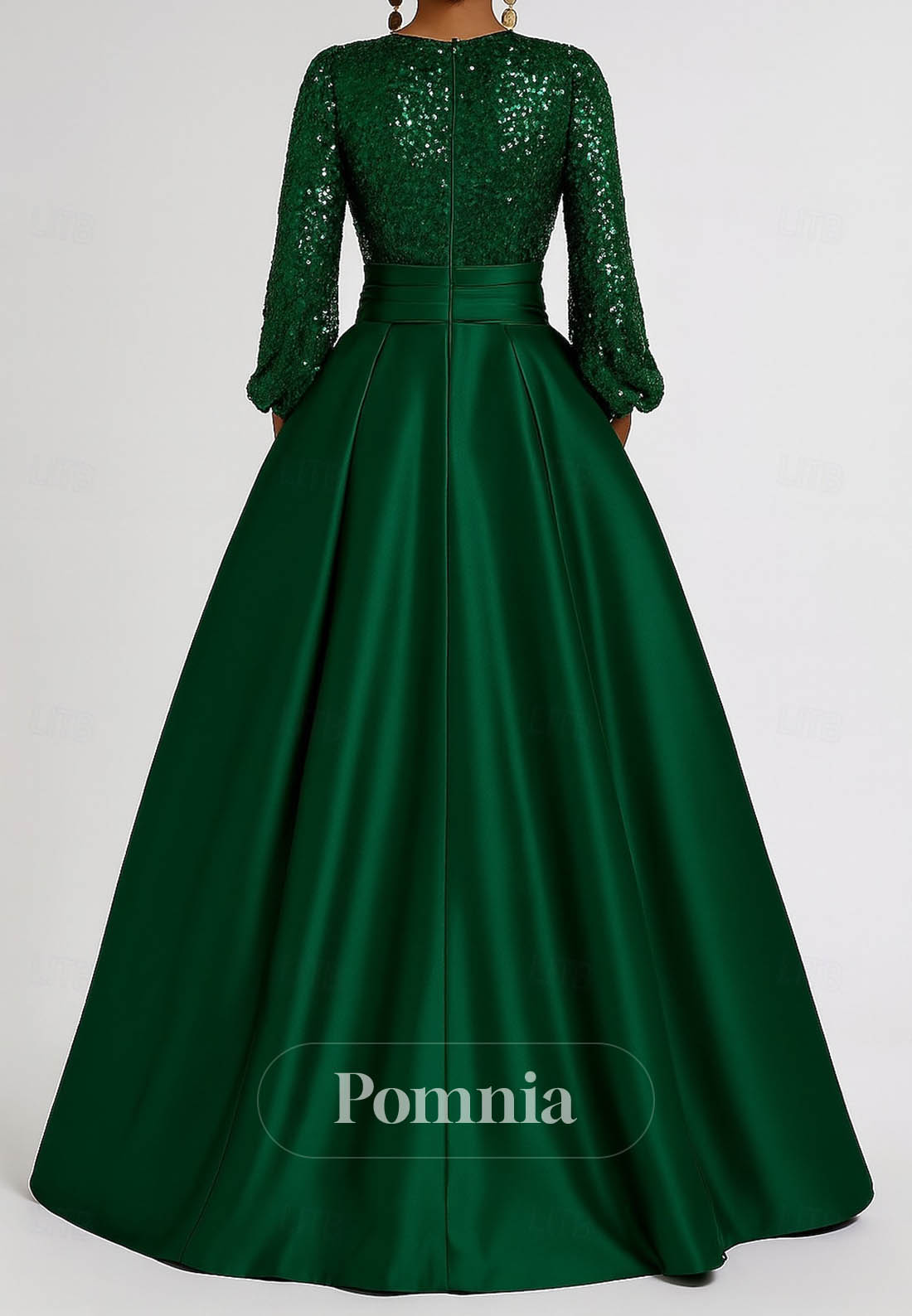 A-Line Floor Length Evening Gown Satin Sequined with Glitter Pleats Pocket