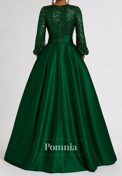 A-Line Floor Length Evening Gown Satin Sequined with Glitter Pleats Pocket