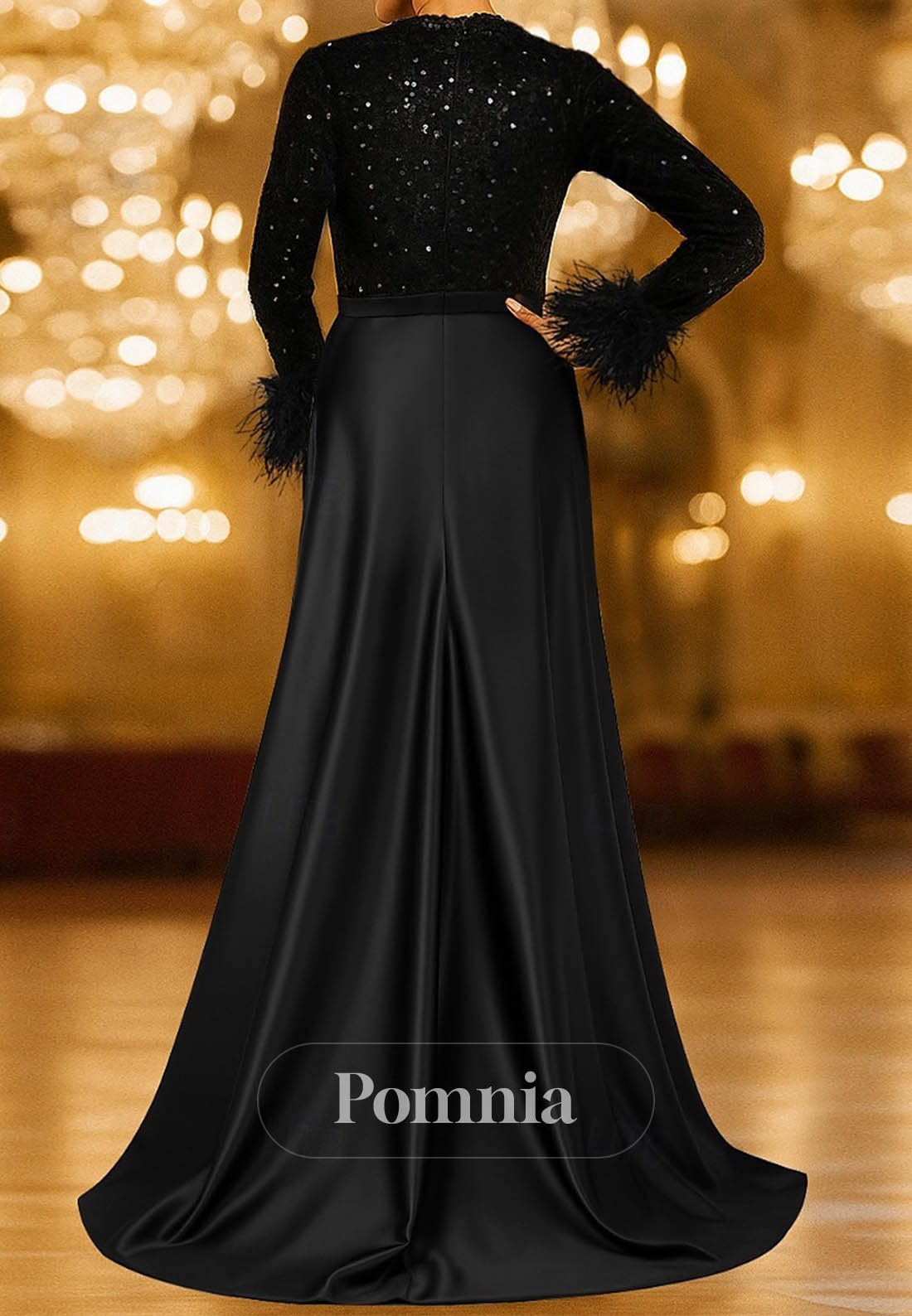 Formal Dress Elegant High Split Silky Long Sleeve Crew Neck