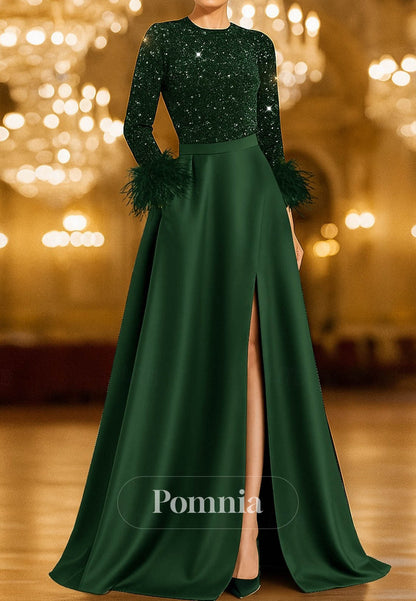 Formal Dress Elegant High Split Silky Long Sleeve Crew Neck