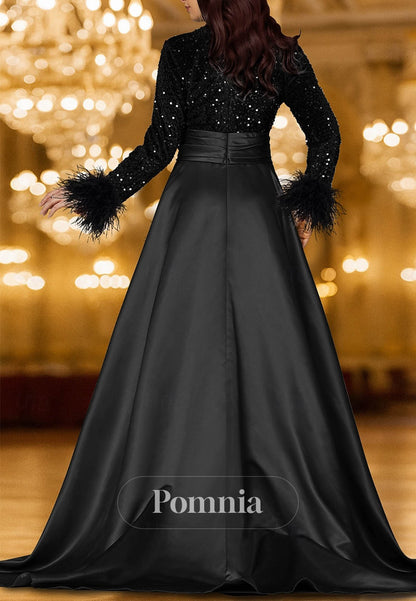 Carnival Formal Pocket Satin Sequined with Feather Sequin