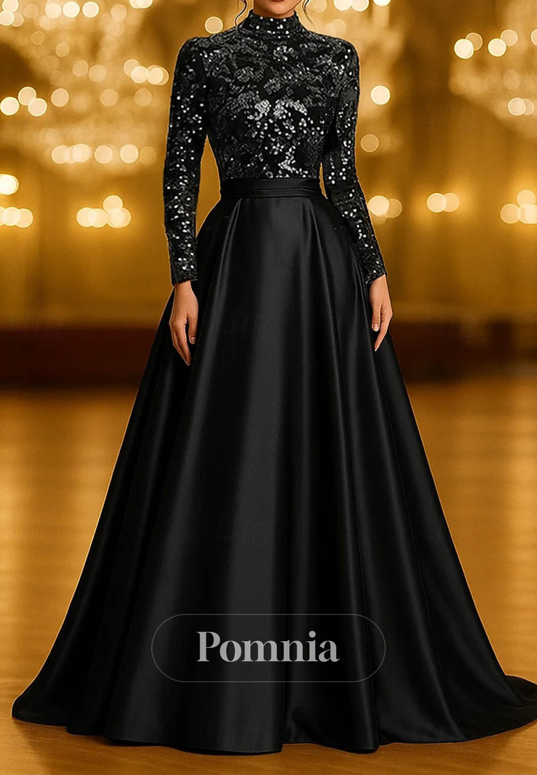 A-Line Evening Dress Long Sleeve High Neck Pocket Satin Velvet with Glitter