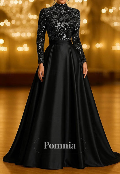 A-Line Evening Dress Long Sleeve High Neck Pocket Satin Velvet with Glitter