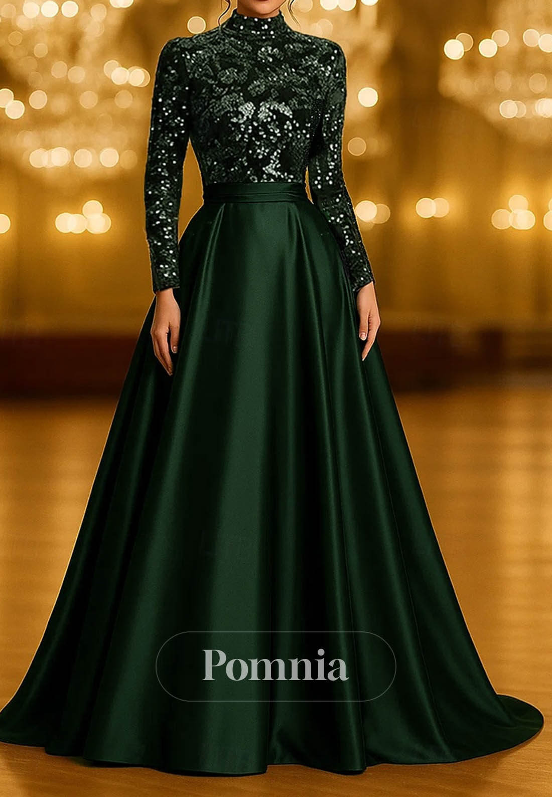 A-Line Evening Dress Long Sleeve High Neck Pocket Satin Velvet with Glitter