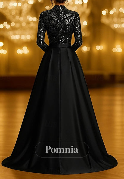 A-Line Evening Dress Long Sleeve High Neck Pocket Satin Velvet with Glitter