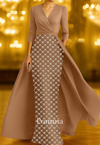 Elegant Glittering Sparkle Length Sleeve V Neck Formal Dress