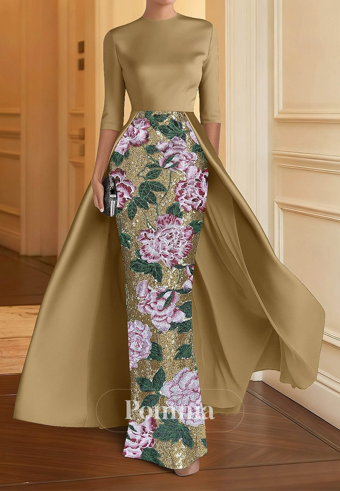 Elegant Sparkle Half Sleeve Crew Neck Formal Dress Satin Sequined with Slit