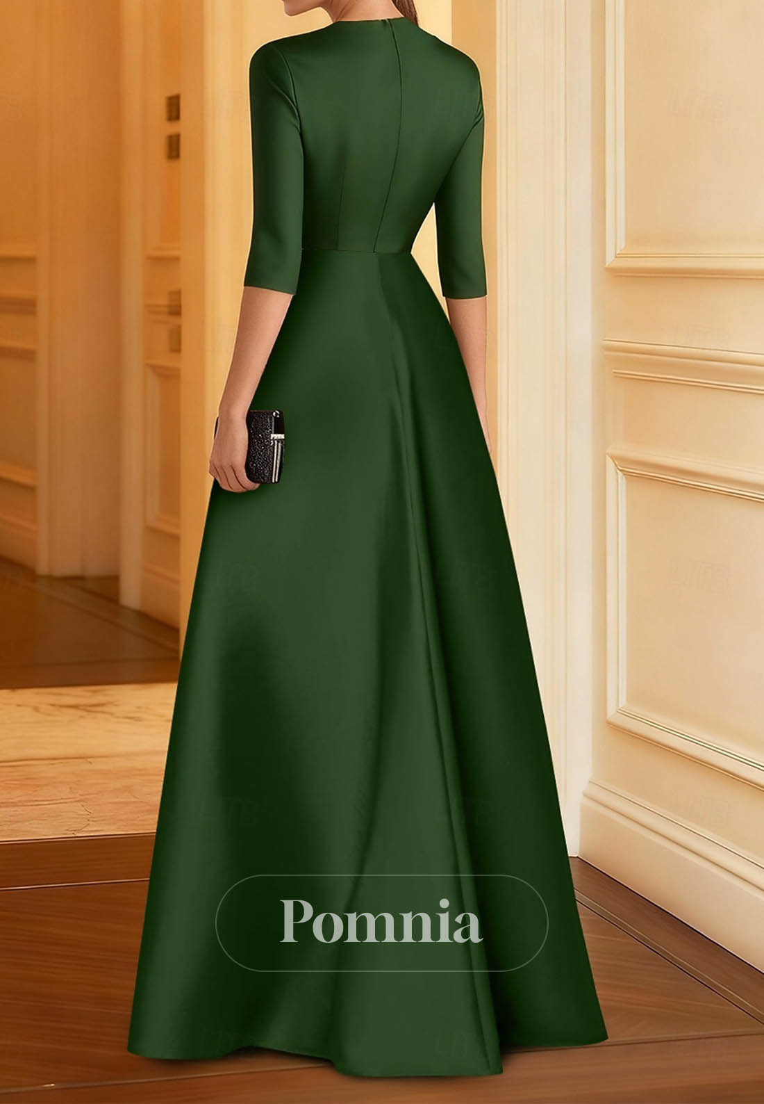 Elegant Sparkle Half Sleeve Crew Neck Formal Dress Satin Sequined with Slit