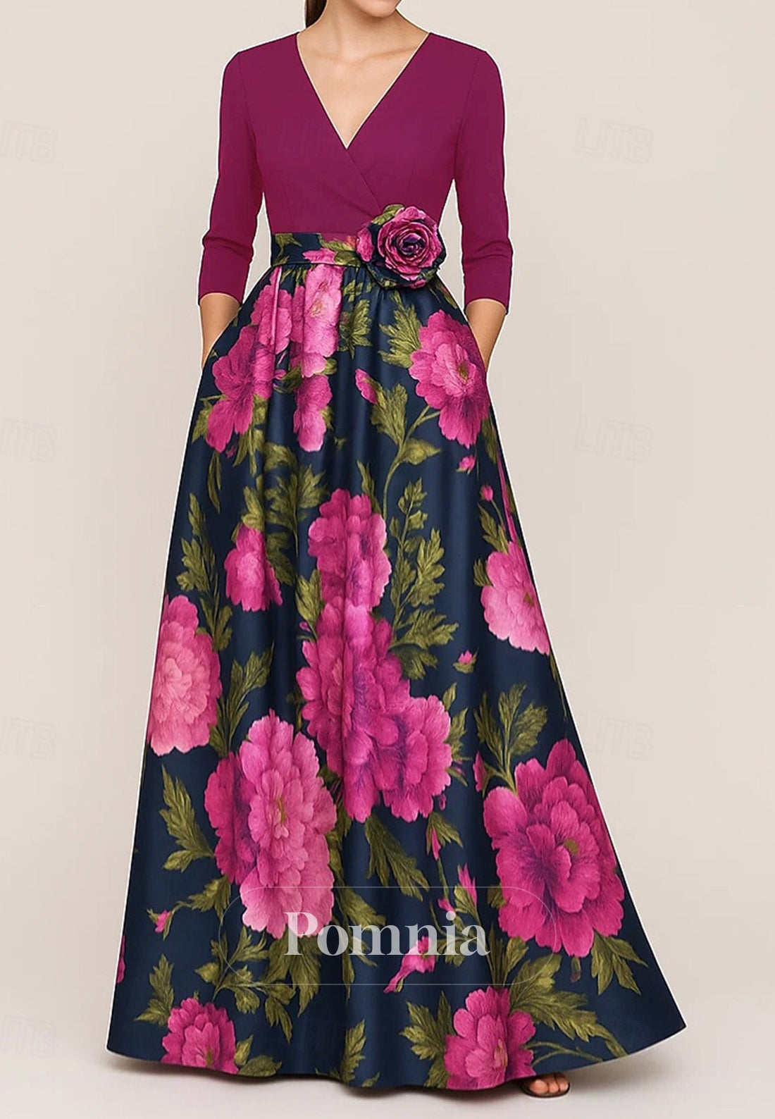 Elegant A-Line Floral Print  V-Neck Pocket Satin Mother of the Bride Dress