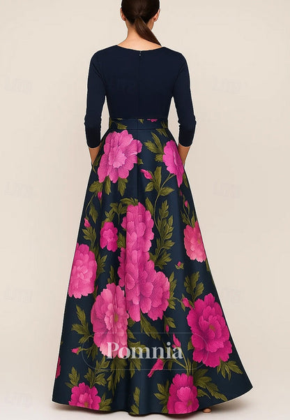 Elegant A-Line Floral Print  V-Neck Pocket Satin Mother of the Bride Dress