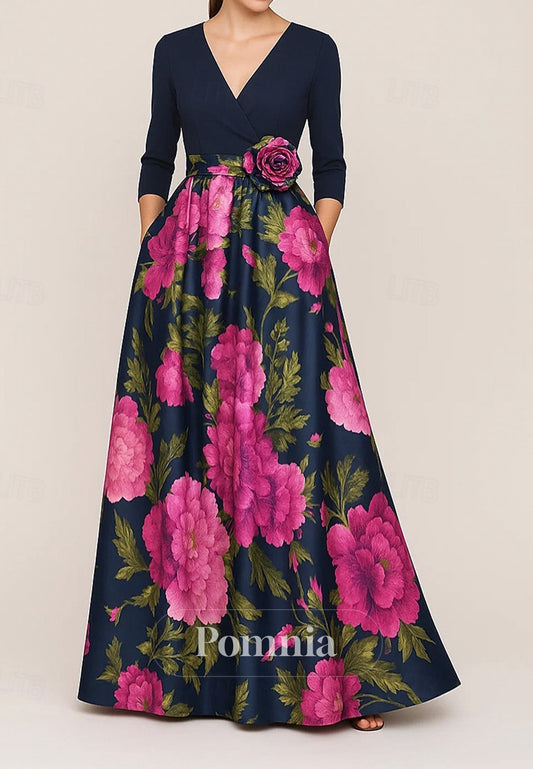 Elegant A-Line Floral Print  V-Neck Pocket Satin Mother of the Bride Dress