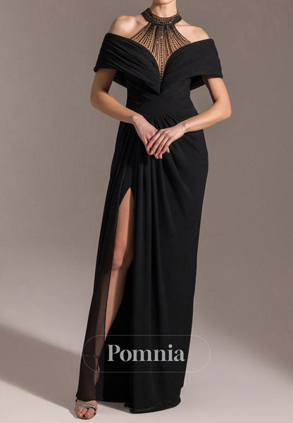 A-Line Halter Short Sleeves Slit Chiffon Evening Dress