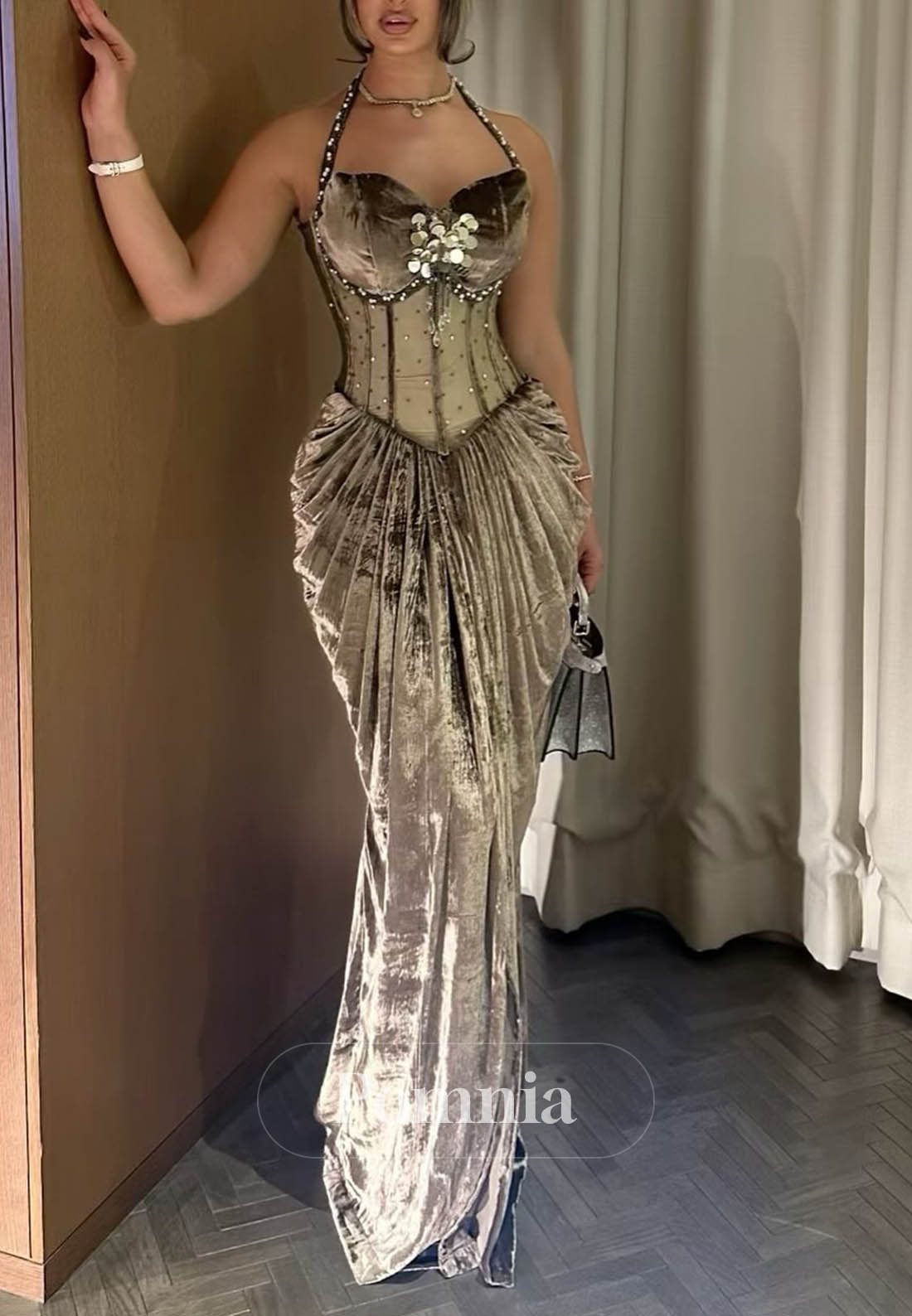 A-Line Halter Sleeveless Ruched Velvet Evening Dress