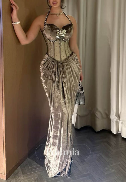 A-Line Halter Sleeveless Ruched Velvet Evening Dress