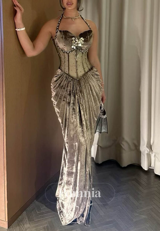 A-Line Halter Sleeveless Ruched Velvet Evening Dress