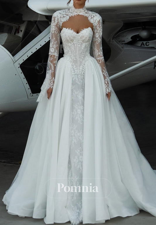 A-Line High Neck Long Sleeves Floral Appliques Wedding Dress