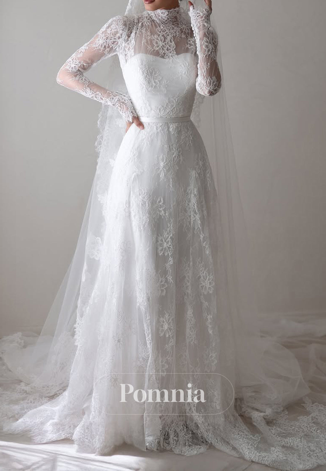 A-Line Long Sleeves High Neck Corset Lace Wedding Dress
