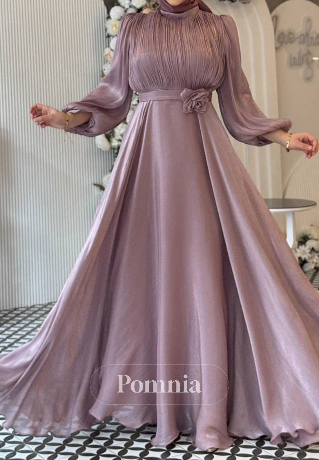 A-Line Long Sleeves High Neck Empire-Waist Evening Dress