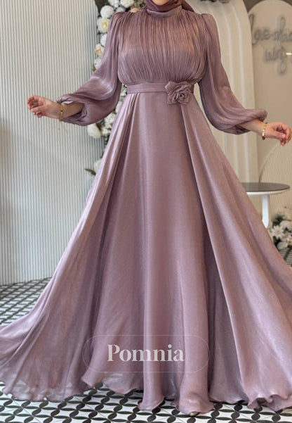 A-Line Long Sleeves High Neck Empire-Waist Evening Dress