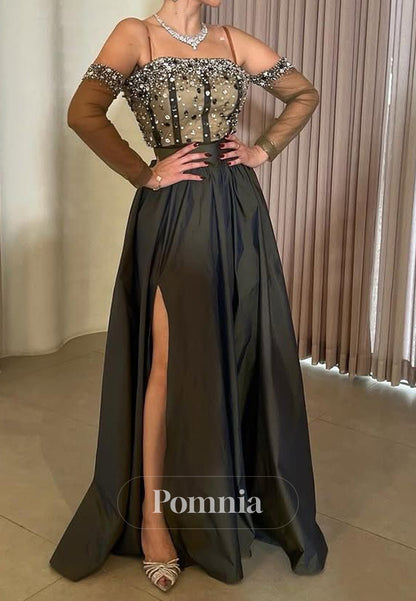 A-Line Long Sleeves Off-Shoulder Slit Corset Evening Dress