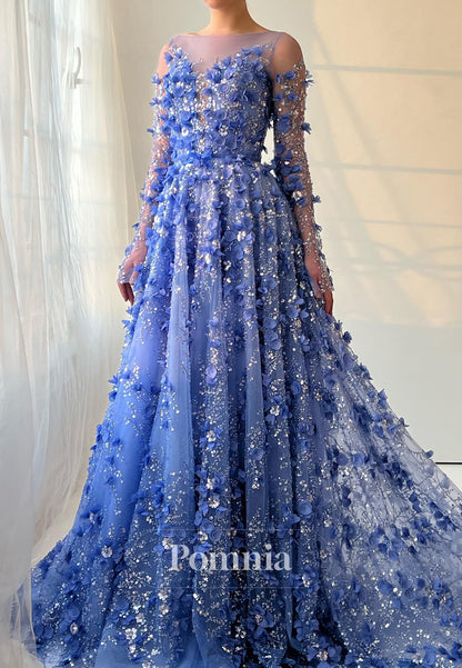 A-Line Long Sleeves Scoop 3D Floral Appliques Evening Dress