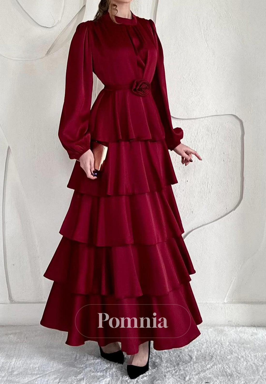 A-Line Long Sleeves Scoop Empire-Waist Ruffles Evening Dress