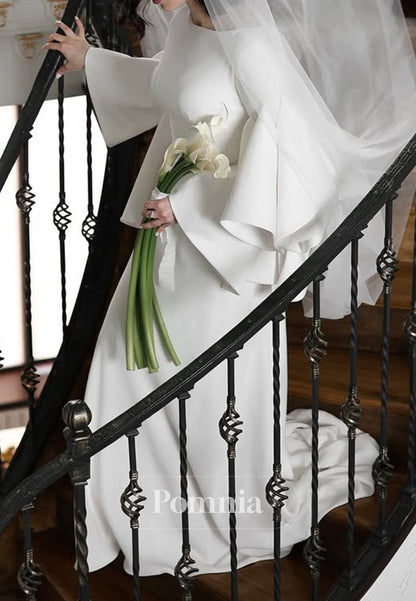 A-Line Long Sleeves Scoop Empire-Waist Satin Wedding Dress