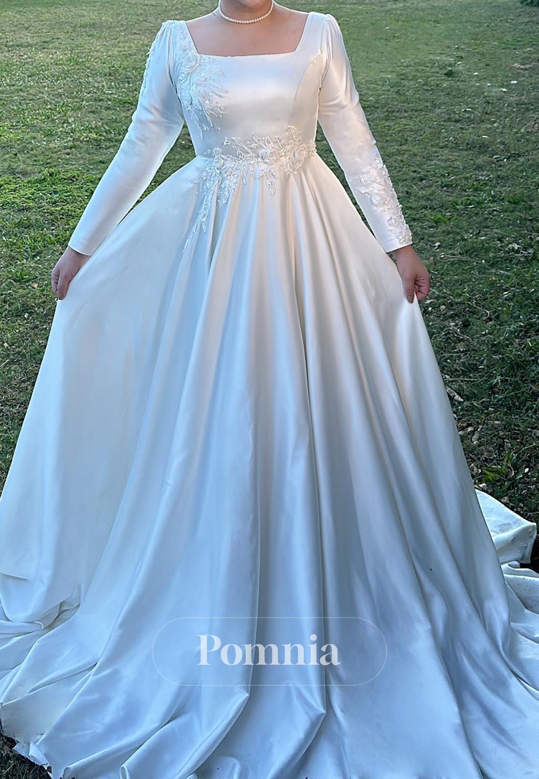 A-Line Long Sleeves Square Appliques Satin Wedding Dress