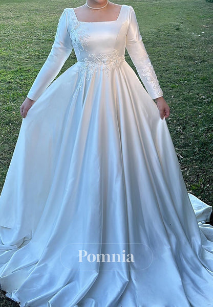 A-Line Long Sleeves Square Appliques Satin Wedding Dress