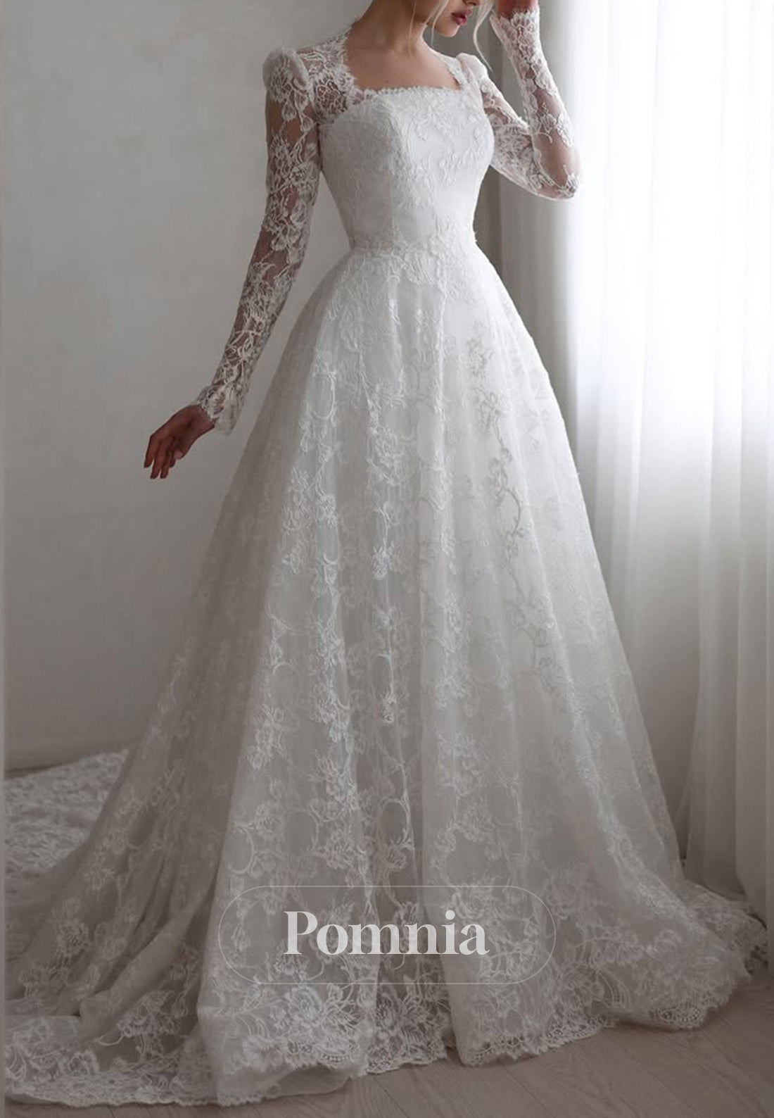 A-Line Long Sleeves Square Corset Lace Wedding Dress
