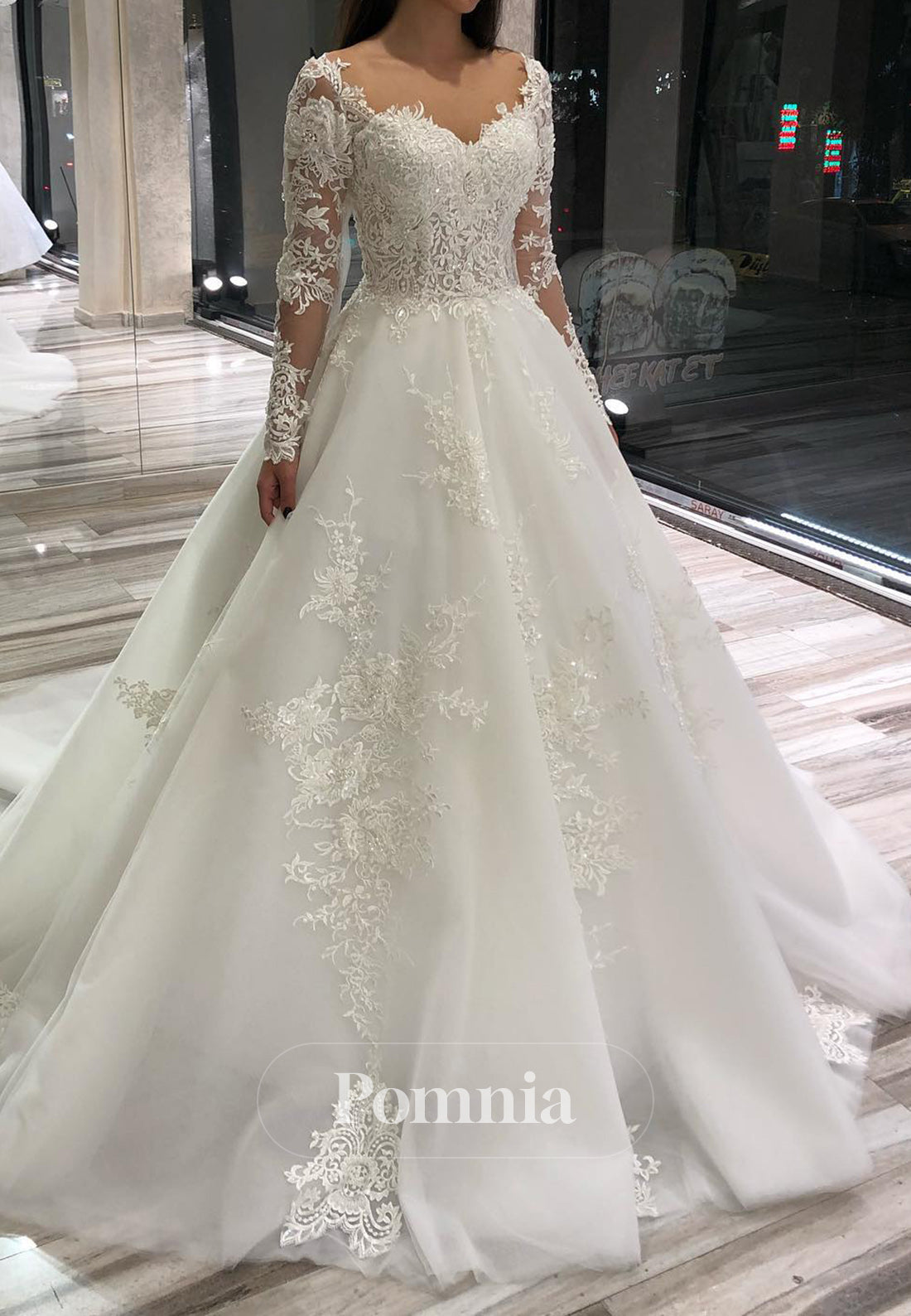 A-Line Long Sleeves Sweetheart Corset Lace Wedding Dress