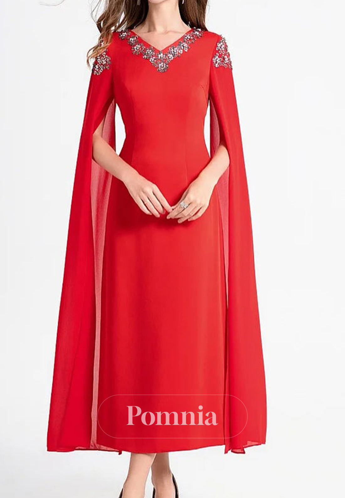 A-Line Long Sleeves V-Neck Chiffon Mother of the Bride Dress