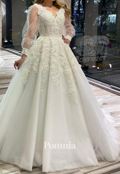 A-Line Long Sleeves V-Neck Floral Appliques Lace Wedding Dress