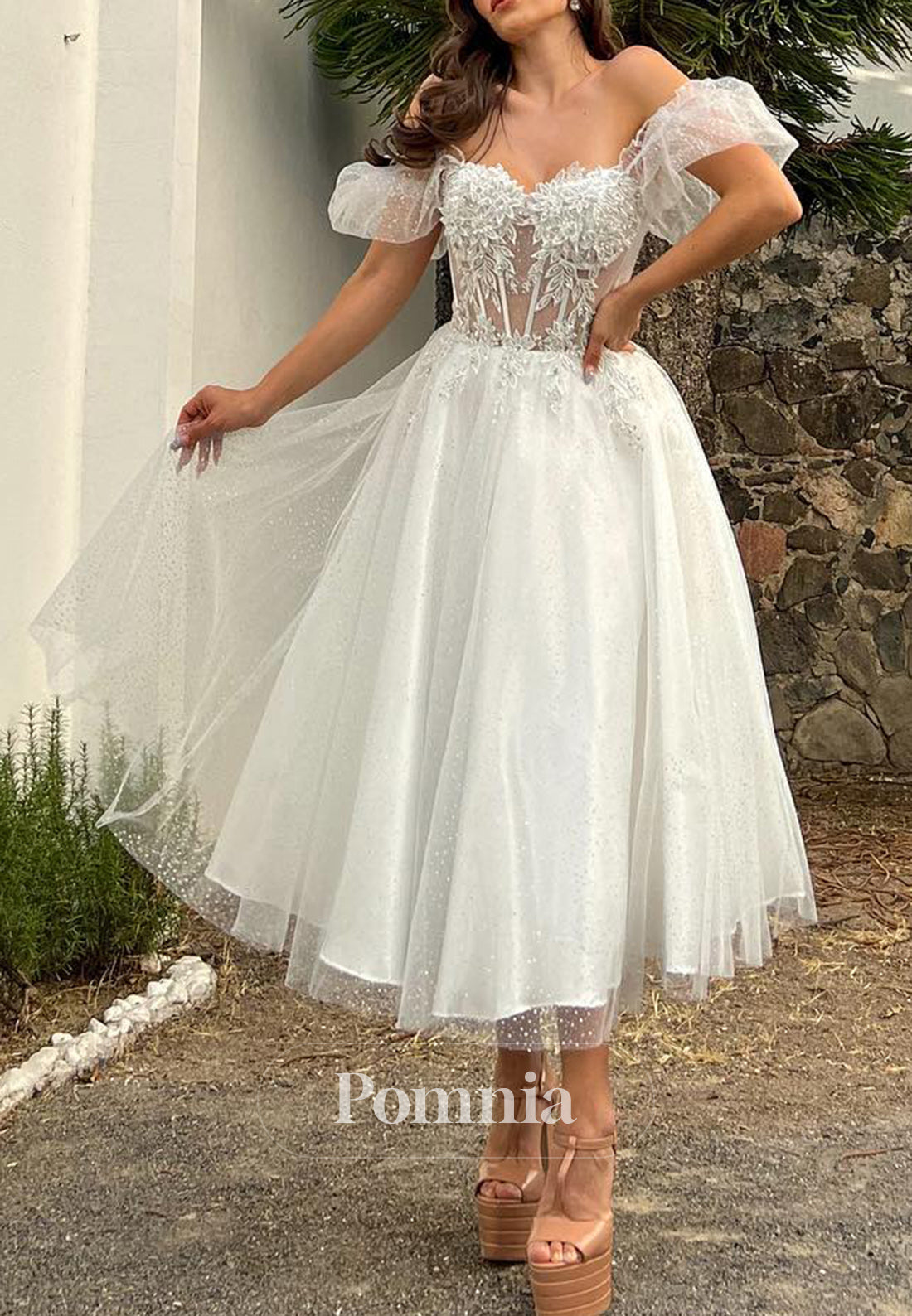 A-Line Off-Shoulder Short Sleeves Corset Lace Wedding Dress