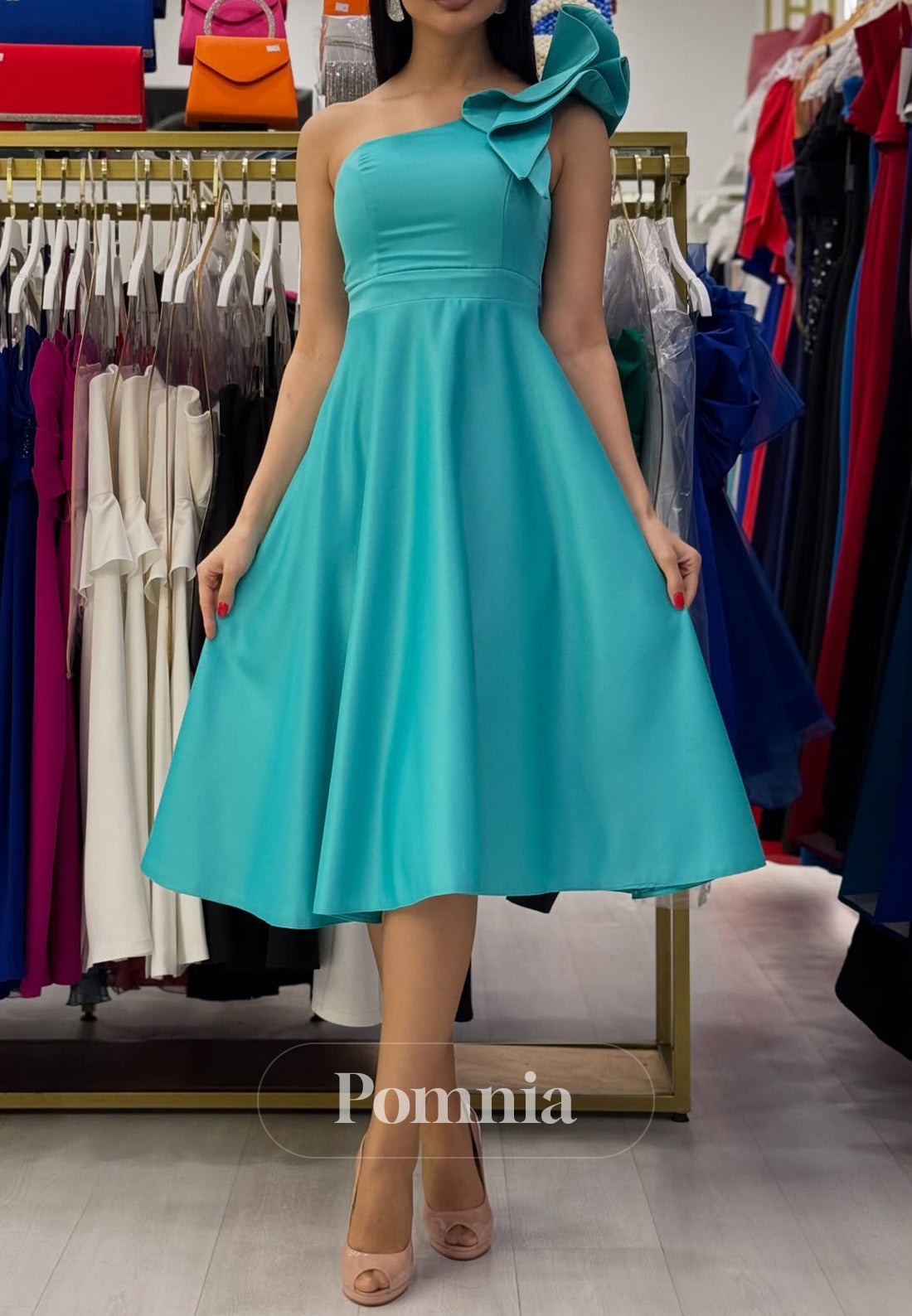 A-Line One Shoulder Sleeveless Empire-Waist Cocktail Dress