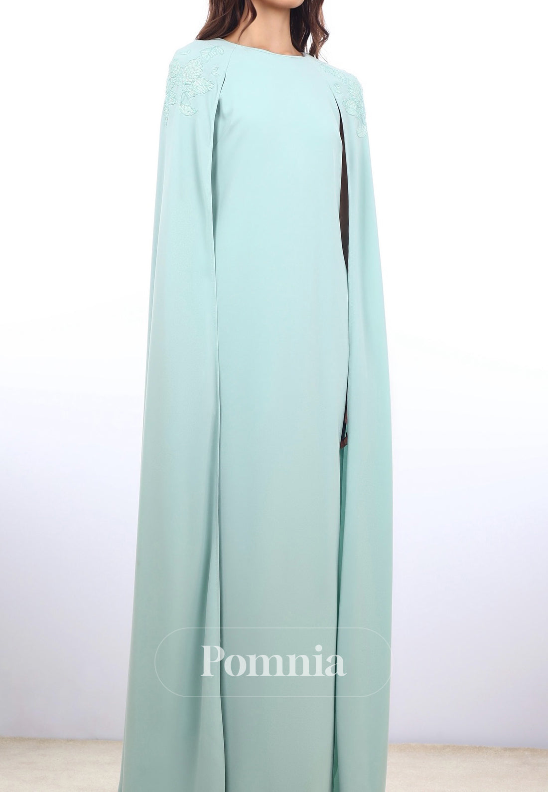 A-Line Scoop Cape Floor-Length Satin Evening Dress